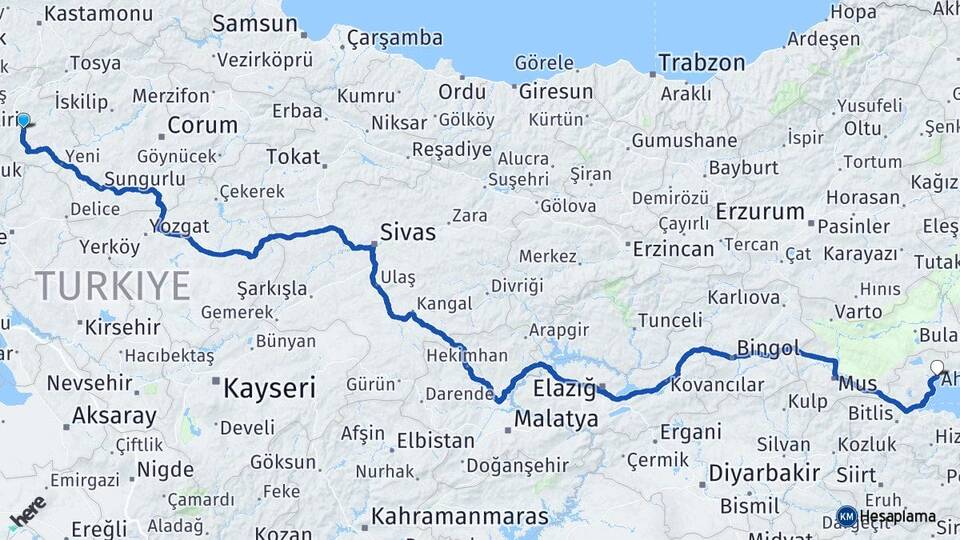 Çankırı Ahlat Bitlis Arası Kaç Km - Yol Haritası