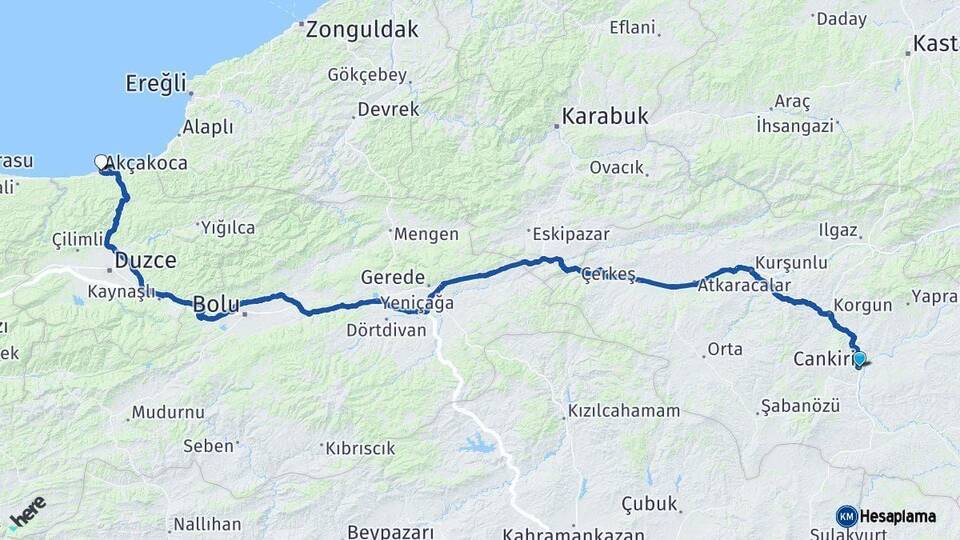 Çankırı Akçakoca Düzce Arası Kaç Km - Yol Haritası