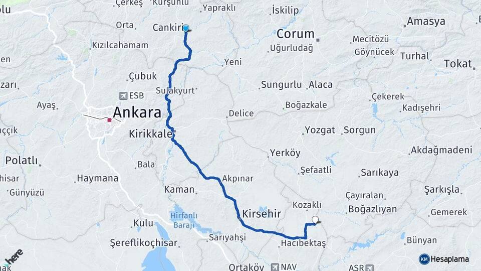 Çankırı Akpınar Kozaklı Nevşehir Arası Kaç Km - Yol Haritası