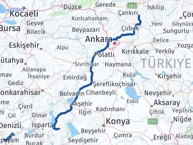Çankırı Aksu Isparta Arası Kaç Km - Yol Haritası