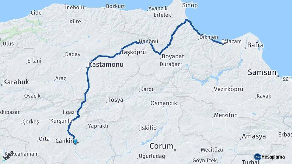 Çankırı Alaçam Samsun Arası Kaç Km - Yol Haritası