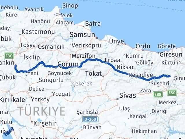 Çankırı Alucra Giresun Arası Kaç Km - Yol Haritası