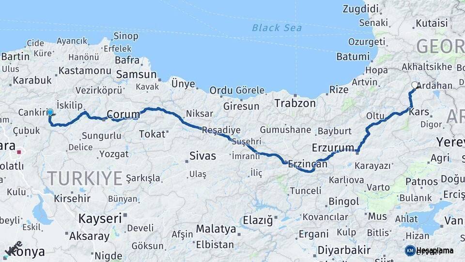 Çankırı Ardahan Arası Kaç Km - Yol Haritası
