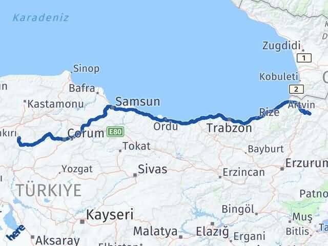 Çankırı Ardanuç Artvin Arası Kaç Km - Yol Haritası