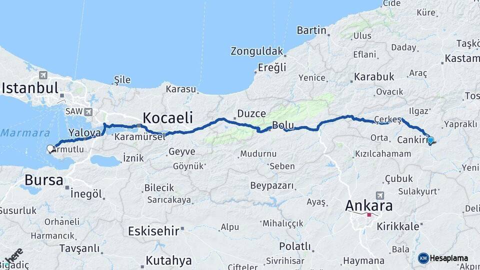 Çankırı Armutlu Yalova Arası Kaç Km - Yol Haritası