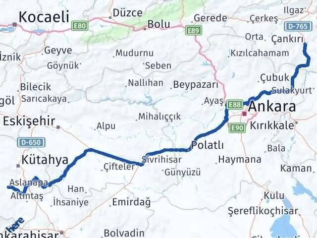 Çankırı Aslanapa Kütahya Arası Kaç Km - Yol Haritası