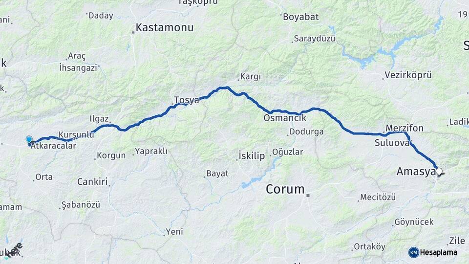 Çankırı Atkaracalar Amasya Arası Kaç Km - Yol Haritası
