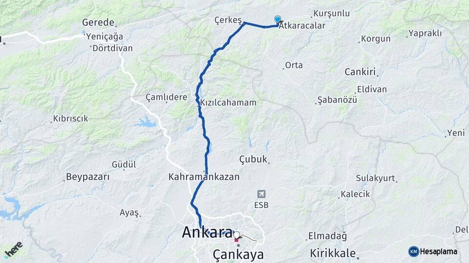 Çankırı Atkaracalar Ankara Arası Kaç Km - Yol Haritası