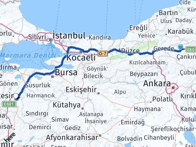 Çankırı Atkaracalar Balıkesir Arası Kaç Km - Yol Haritası