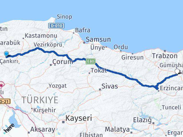 Çankırı Atkaracalar Bayburt Arası Kaç Km - Yol Haritası