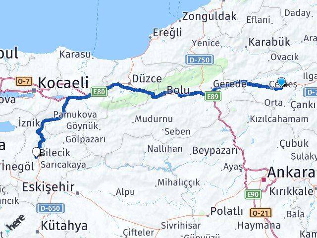 Çankırı Atkaracalar Bilecik Arası Kaç Km - Yol Haritası