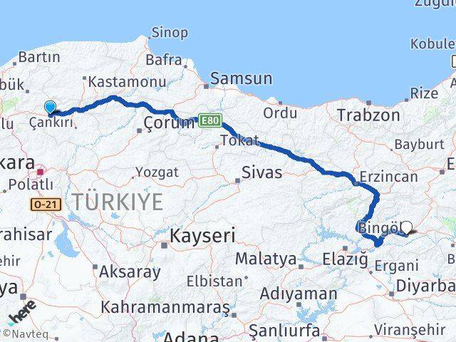 Çankırı Atkaracalar Bingöl Arası Kaç Km - Yol Haritası
