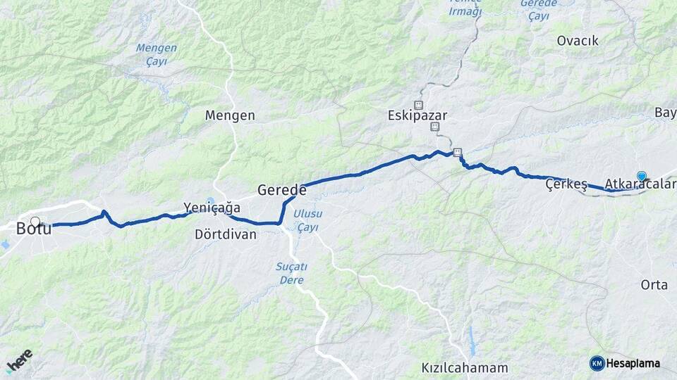 Çankırı Atkaracalar Bolu Arası Kaç Km - Yol Haritası