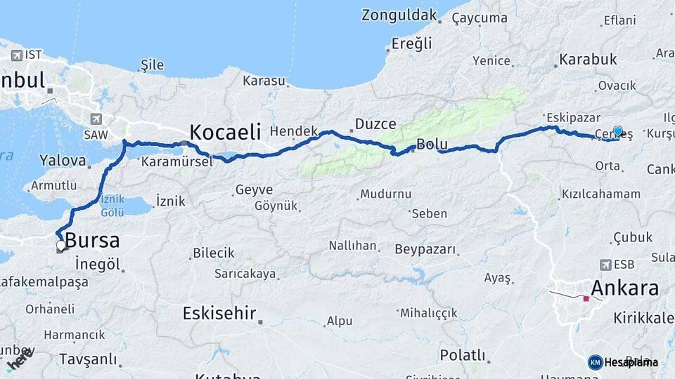 Çankırı Atkaracalar Bursa Arası Kaç Km - Yol Haritası