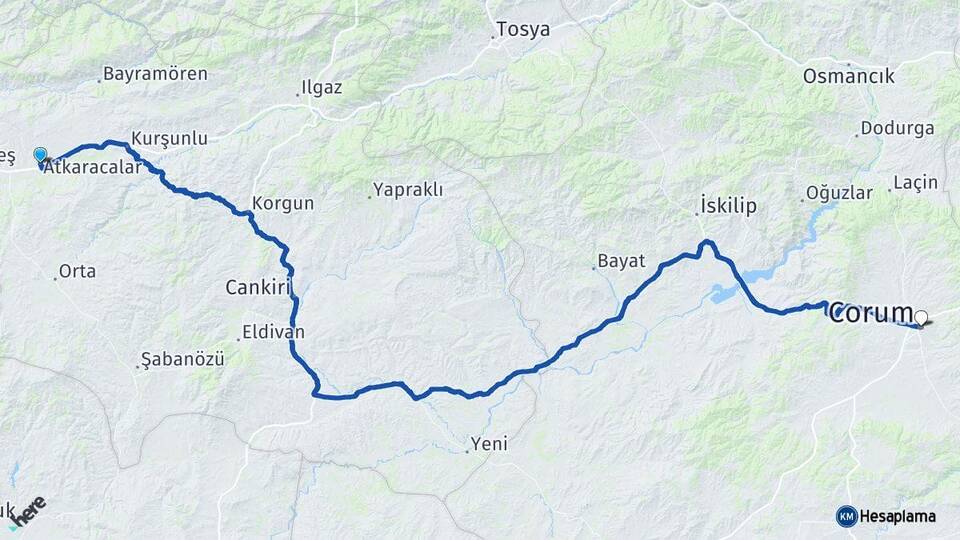 Çankırı Atkaracalar Çorum Arası Kaç Km - Yol Haritası
