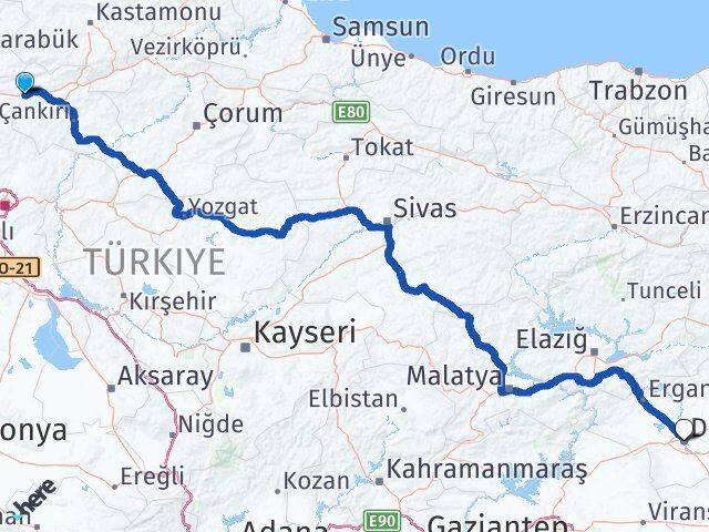Çankırı Atkaracalar Diyarbakır Arası Kaç Km - Yol Haritası