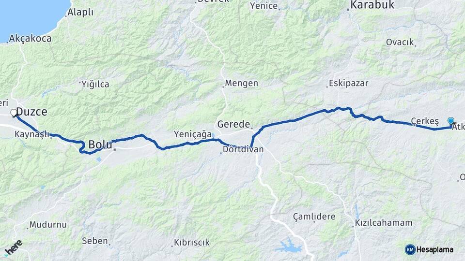 Çankırı Atkaracalar Düzce Arası Kaç Km - Yol Haritası
