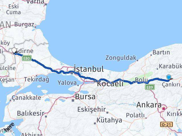 Çankırı Atkaracalar Edirne Arası Kaç Km - Yol Haritası