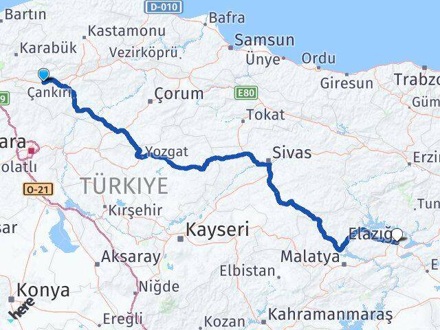 Çankırı Atkaracalar Elazığ Arası Kaç Km - Yol Haritası