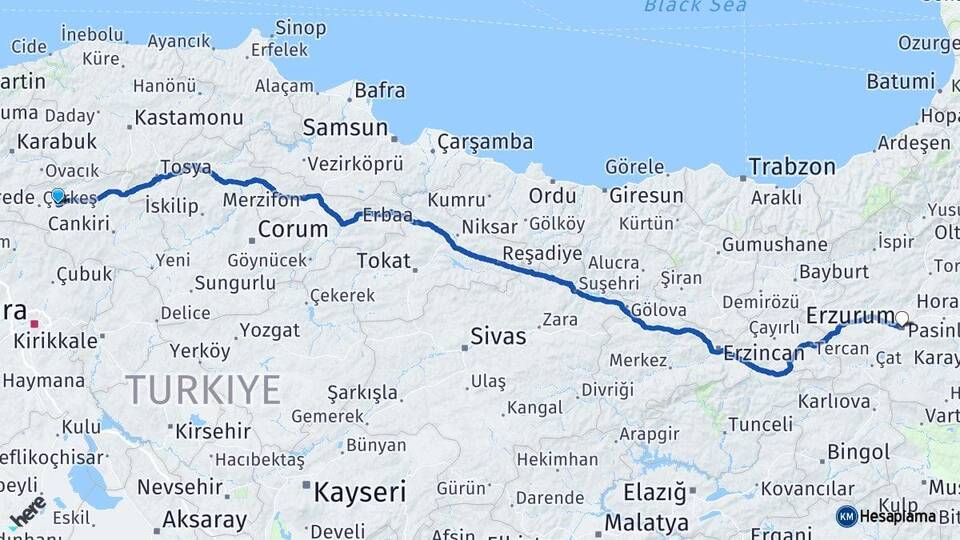 Çankırı Atkaracalar Erzurum Arası Kaç Km - Yol Haritası