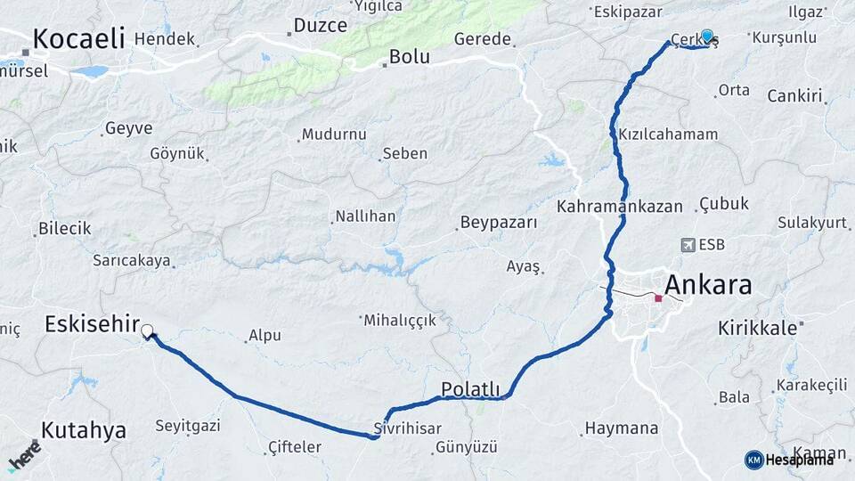 Çankırı Atkaracalar Eskişehir Arası Kaç Km - Yol Haritası