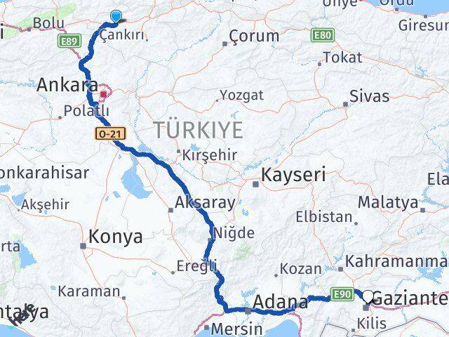 Çankırı Atkaracalar Gaziantep Arası Kaç Km - Yol Haritası