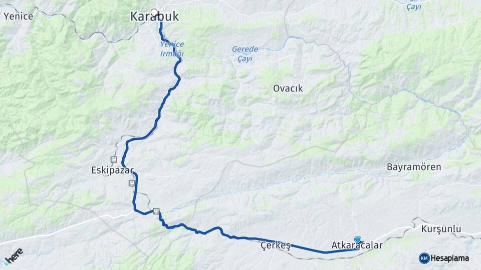 Çankırı Atkaracalar Karabük Arası Kaç Km - Yol Haritası