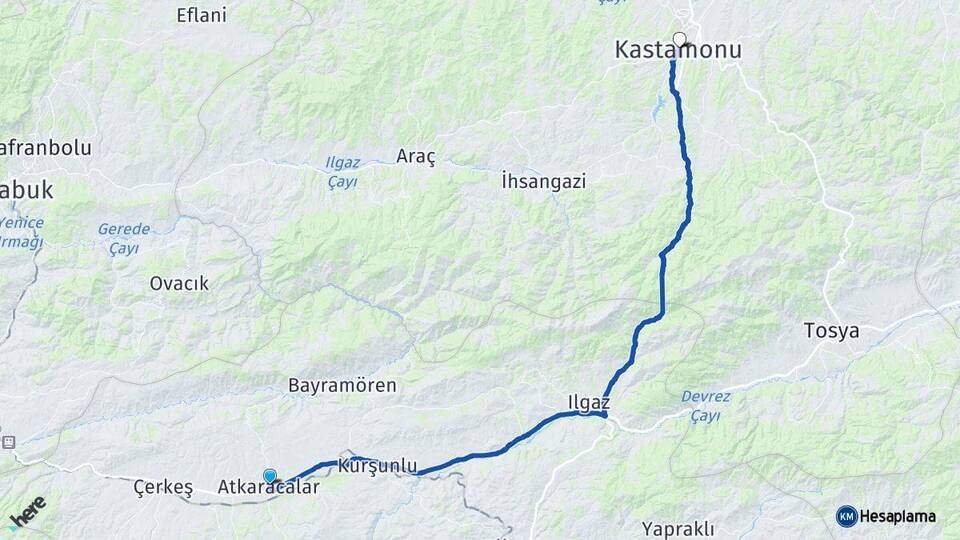 Çankırı Atkaracalar Kastamonu Arası Kaç Km - Yol Haritası