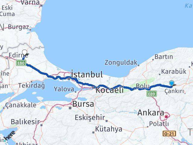 Çankırı Atkaracalar Kırklareli Arası Kaç Km - Yol Haritası