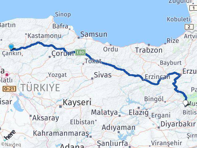 Çankırı Atkaracalar Muş Arası Kaç Km - Yol Haritası