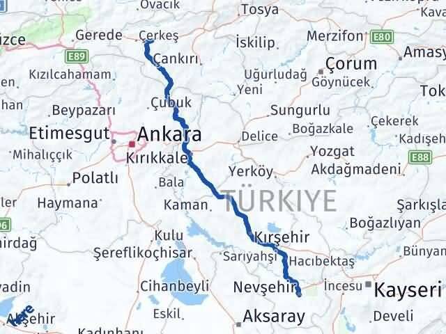 Çankırı Atkaracalar Nevşehir Arası Kaç Km - Yol Haritası