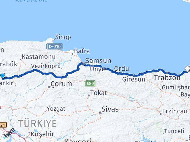 Çankırı Atkaracalar Rize Arası Kaç Km - Yol Haritası