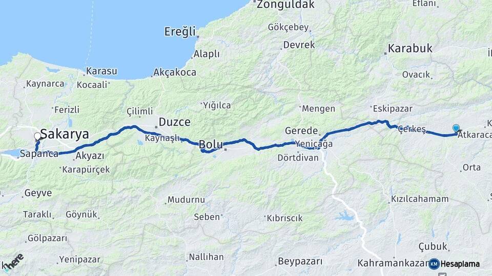 Çankırı Atkaracalar Sakarya Arası Kaç Km - Yol Haritası