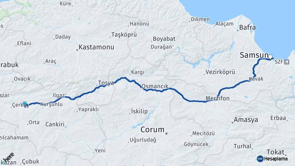 Çankırı Atkaracalar Samsun Arası Kaç Km - Yol Haritası