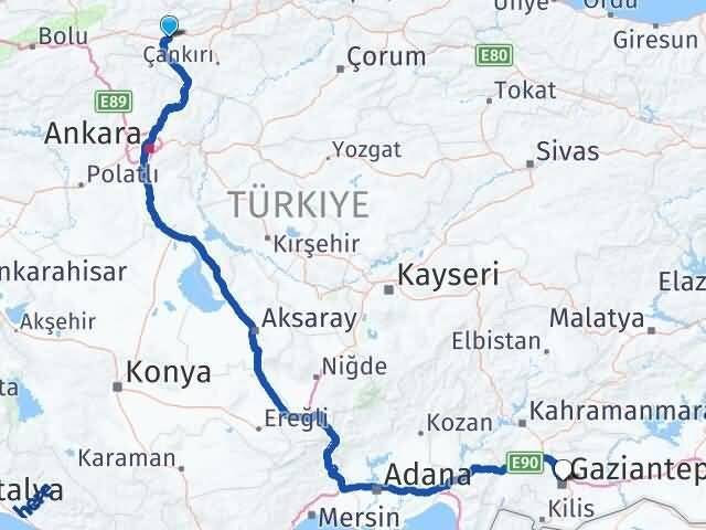 Çankırı Atkaracalar Şehitkamil Gaziantep Arası Kaç Km - Yol Haritası