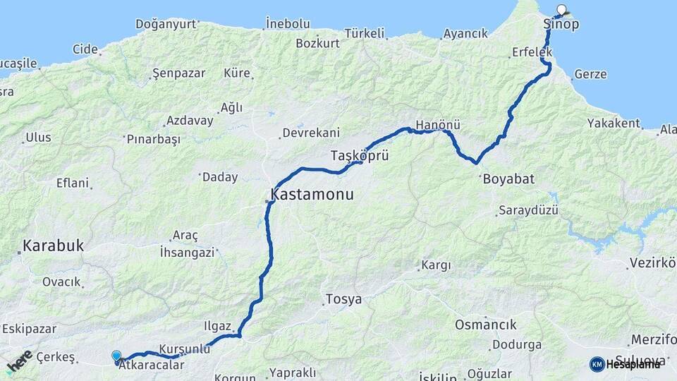 Çankırı Atkaracalar Sinop Arası Kaç Km - Yol Haritası