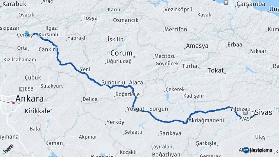 Çankırı Atkaracalar Sivas Arası Kaç Km - Yol Haritası
