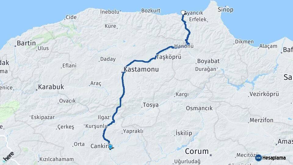 Çankırı Ayancık Sinop Arası Kaç Km - Yol Haritası