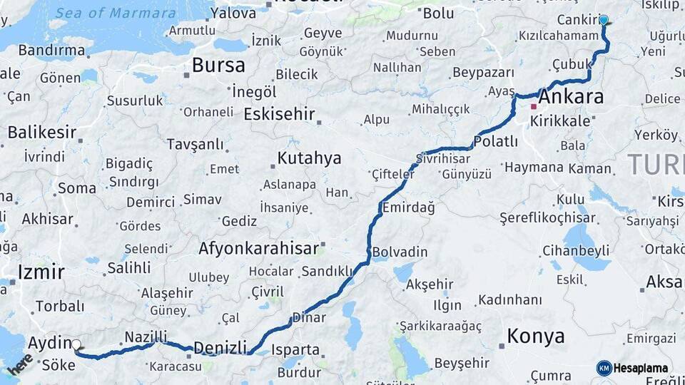 Çankırı Aydın Arası Kaç Km - Yol Haritası