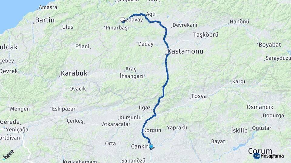 Çankırı Azdavay Kastamonu Arası Kaç Km - Yol Haritası