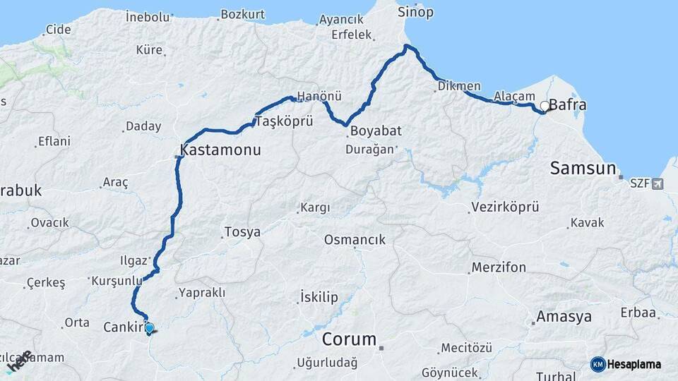Çankırı Bafra Samsun Arası Kaç Km - Yol Haritası