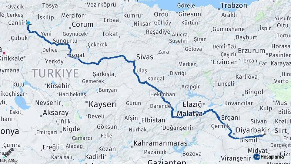 Çankırı Batman Arası Kaç Km - Yol Haritası