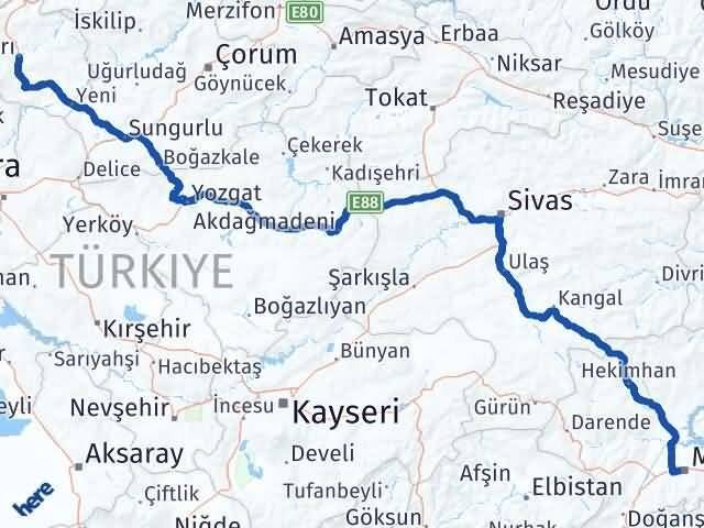 Çankırı Battalgazi Malatya Arası Kaç Km - Yol Haritası