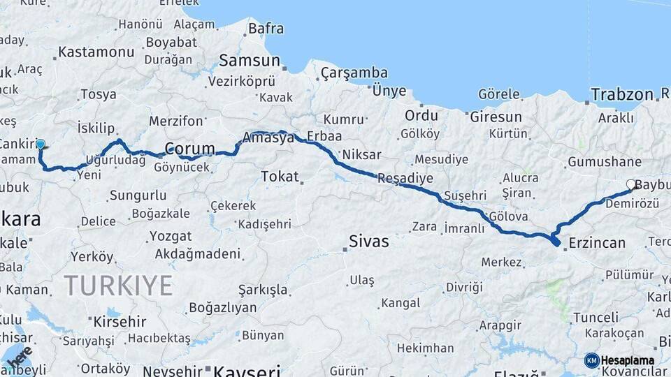 Çankırı Bayburt Arası Kaç Km - Yol Haritası