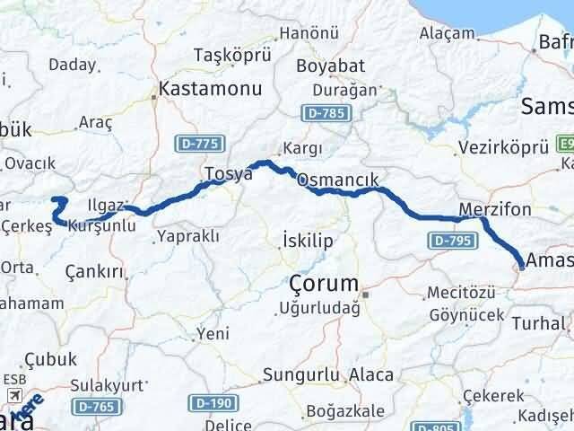 Çankırı Bayramören Amasya Arası Kaç Km - Yol Haritası