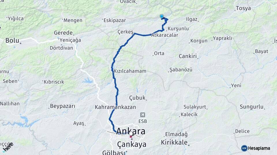Çankırı Bayramören Ankara Arası Kaç Km - Yol Haritası
