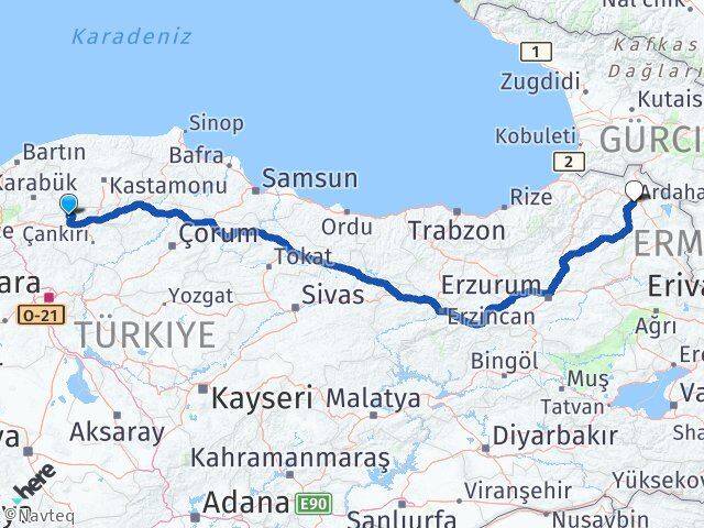 Çankırı Bayramören Ardahan Arası Kaç Km - Yol Haritası