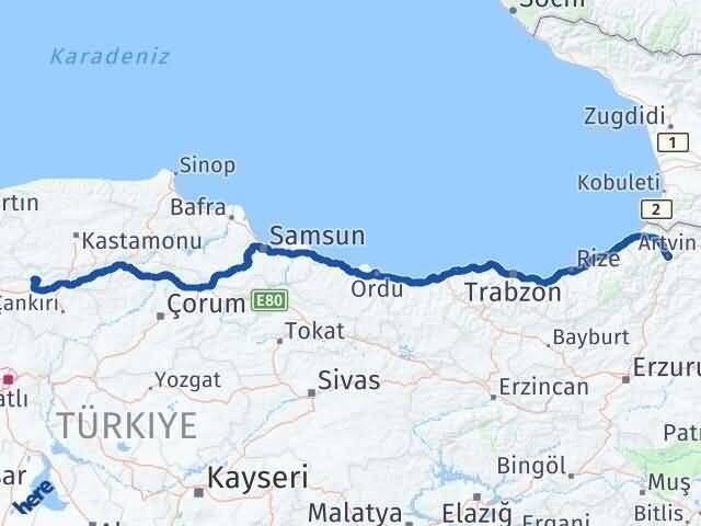 Çankırı Bayramören Artvin Arası Kaç Km - Yol Haritası