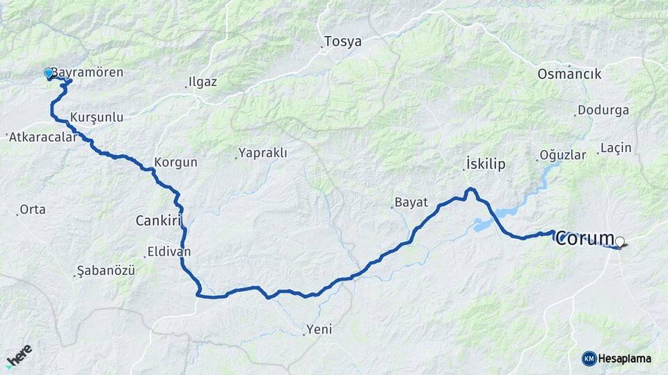 Çankırı Bayramören Çorum Arası Kaç Km - Yol Haritası