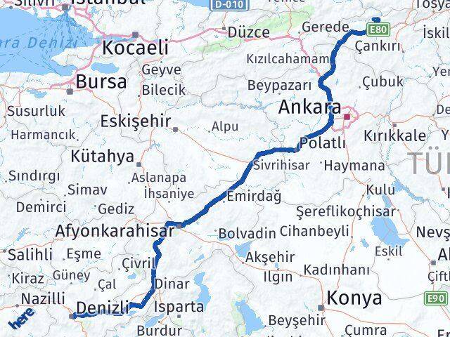 Çankırı Bayramören Denizli Arası Kaç Km - Yol Haritası